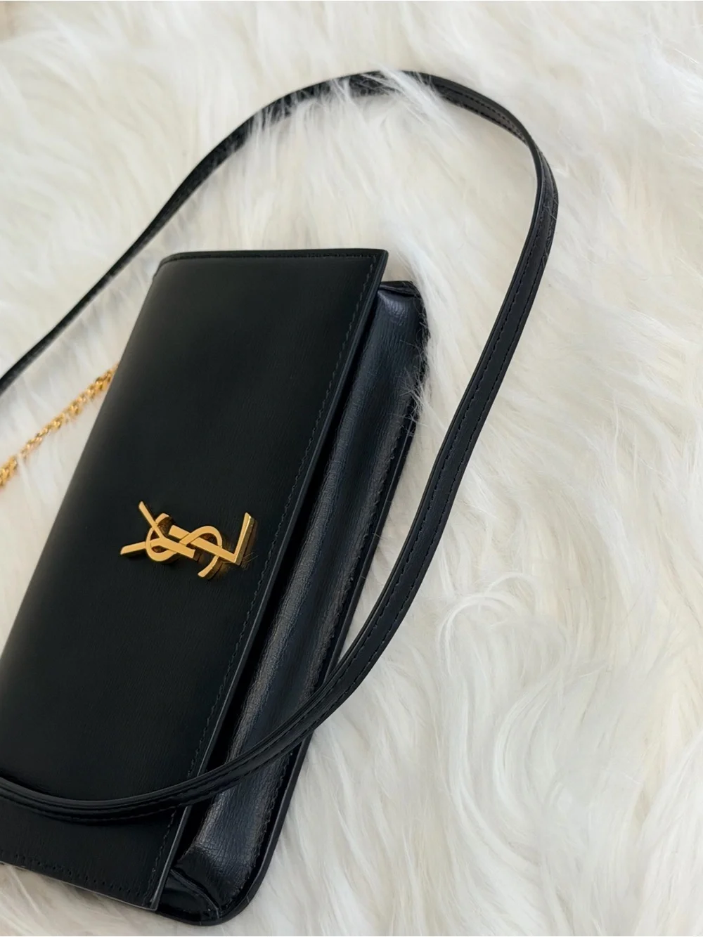 Saint Laurent Black Leather Crossbody phone holder with Gold YSL Chain